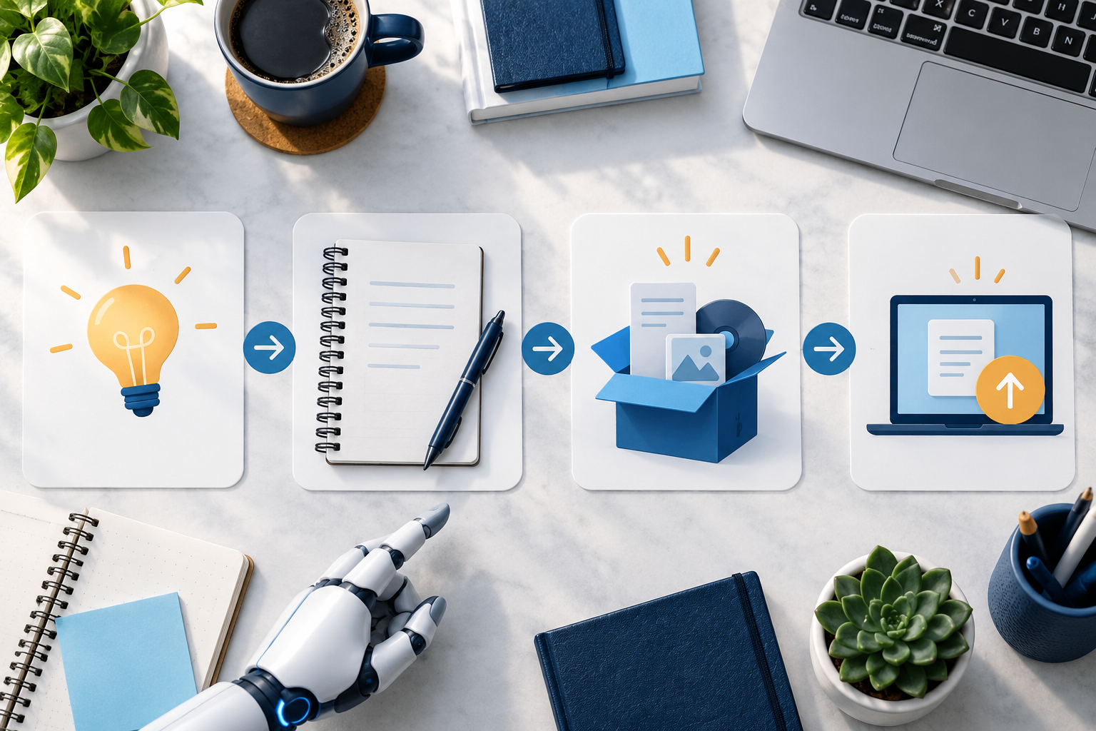 Abstract four-stage workflow from idea to organized digital product